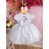 Vestido Infantil Branco C/ Aplique de Flores Renda Pérolas