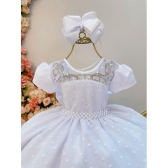 Vestido Infantil Branco Tule Pipoquinha Luxo C/ Pérolas