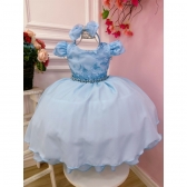 Vestido Infantil Azul Bebê C/ Renda e Cinto de Pérolas Tiara - Azul Claro