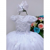 Vestido Infantil Branco C/ Renda e Borboletas Dama Princesas